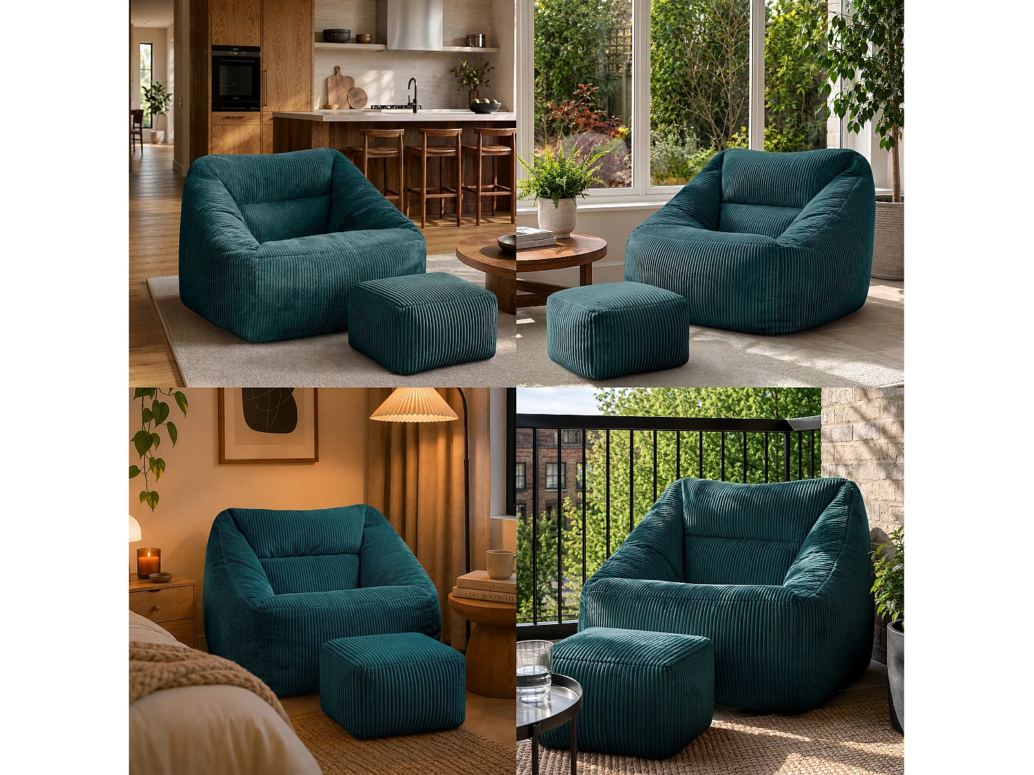 Pouf fauteuil et son repose-pieds carré velours côtelé bleu canard, salon ou chambre - NATALIA