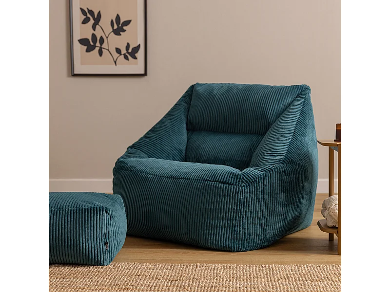 Pouf fauteuil et son repose-pieds carré velours côtelé bleu canard, salon ou chambre - NATALIA