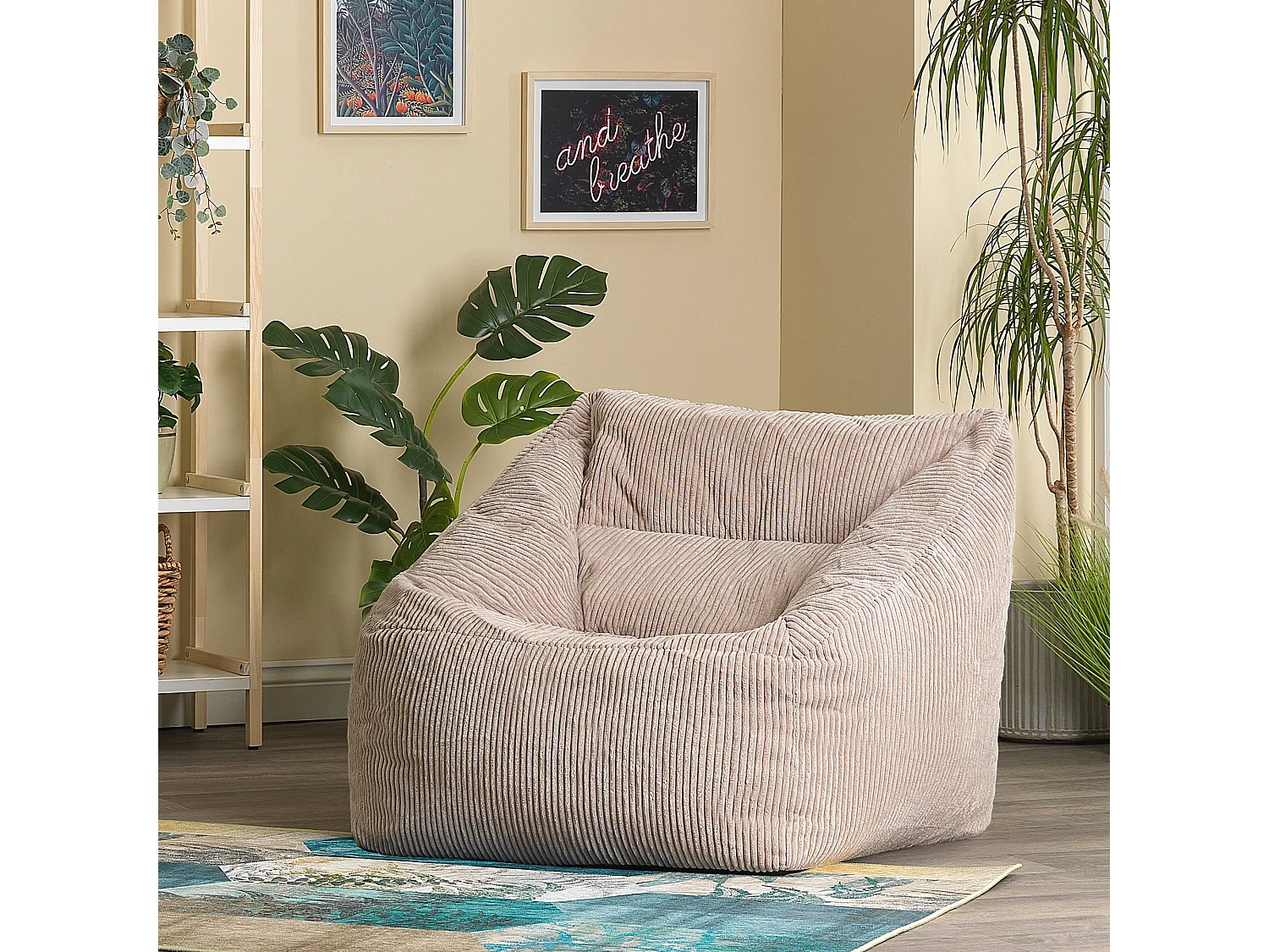 Pouf fauteuil velours côtelé beige - MORGAN