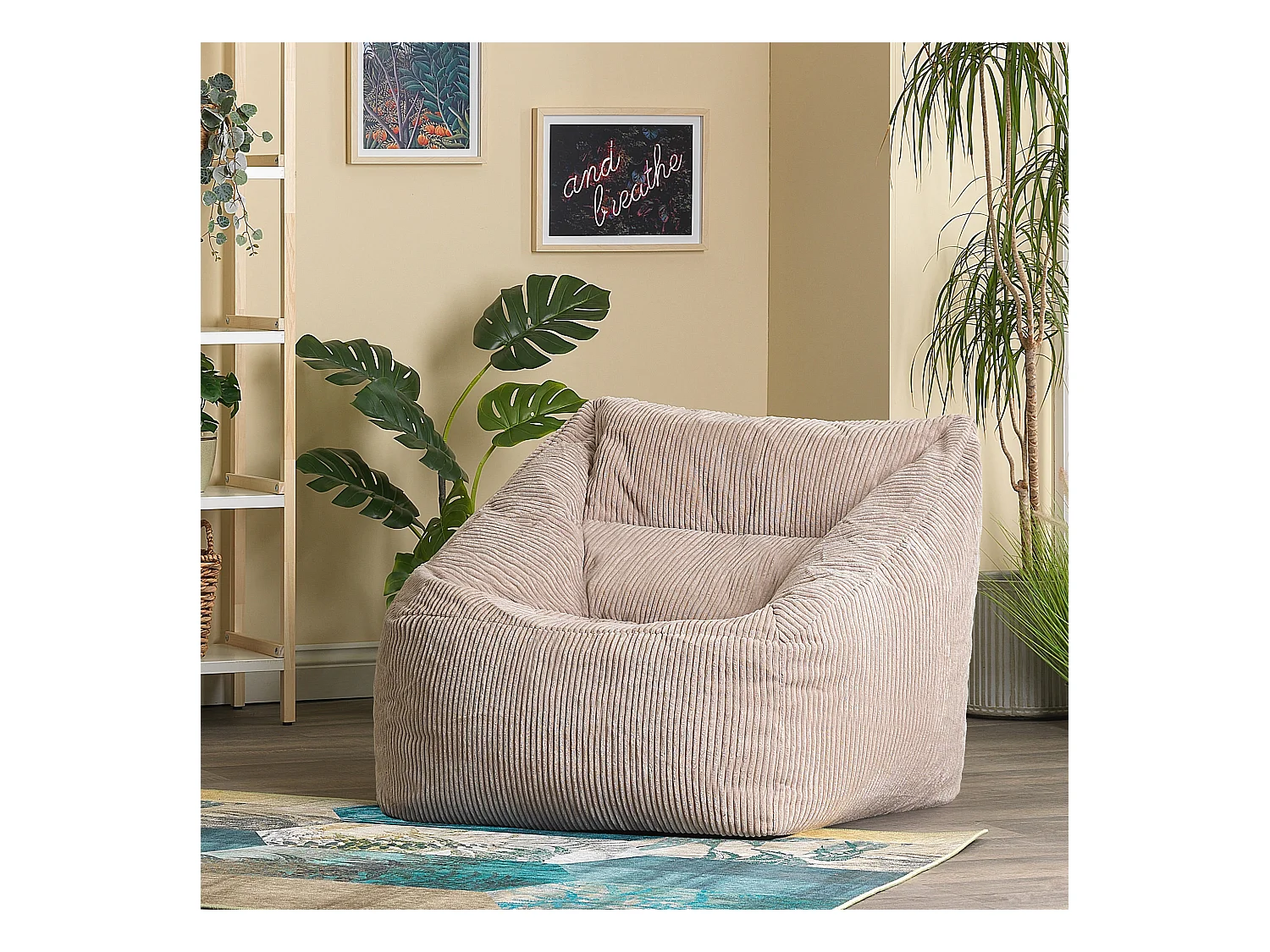 Pouf fauteuil velours côtelé beige - MORGAN
