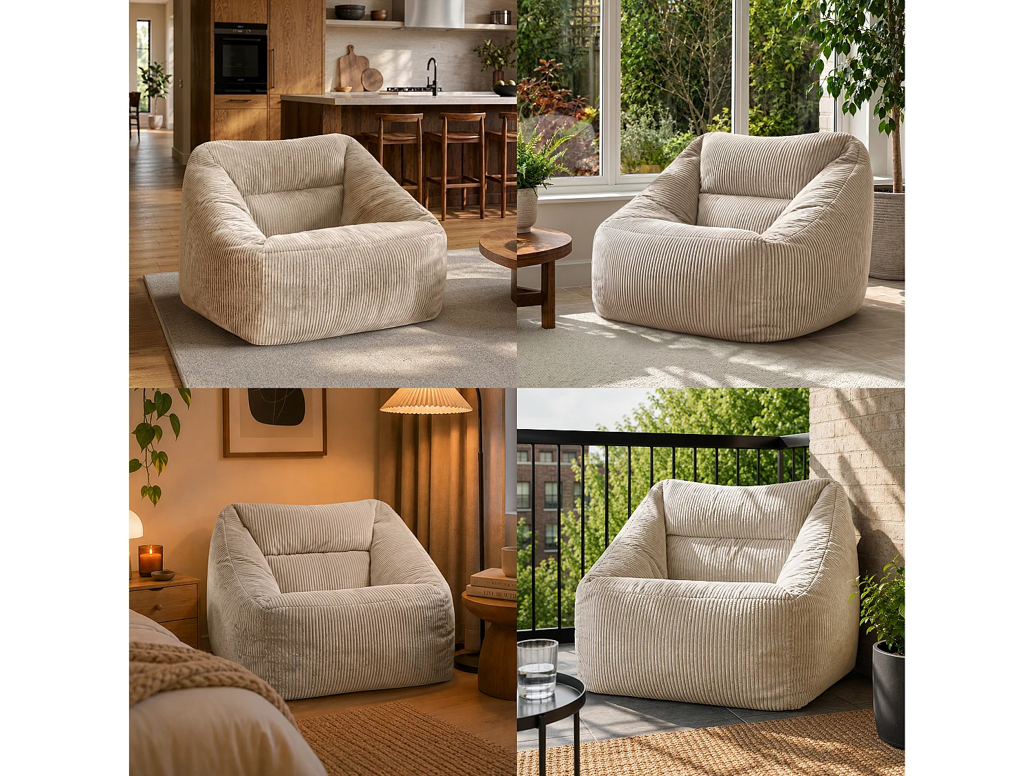 Pouf fauteuil salon ou chambre velours côtelé beige - NATALIA
