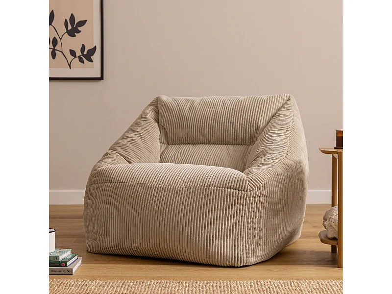 Pouf fauteuil salon ou chambre velours côtelé beige - NATALIA