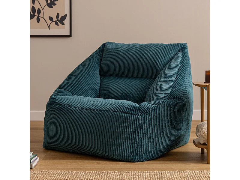 Pouf fauteuil salon ou chambre velours côtelé bleu canard - NATALIA