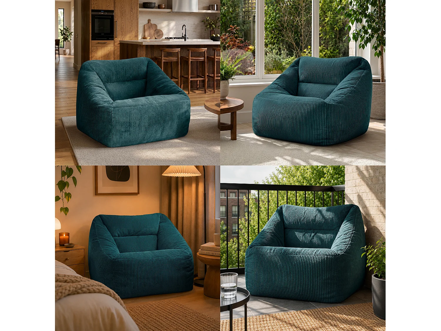 Pouf fauteuil salon ou chambre velours côtelé bleu canard - NATALIA