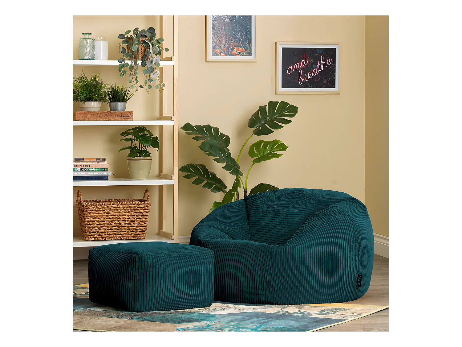 Pouf classique et son repose-pied velours côtelé, bleu canard - KINGSTON
