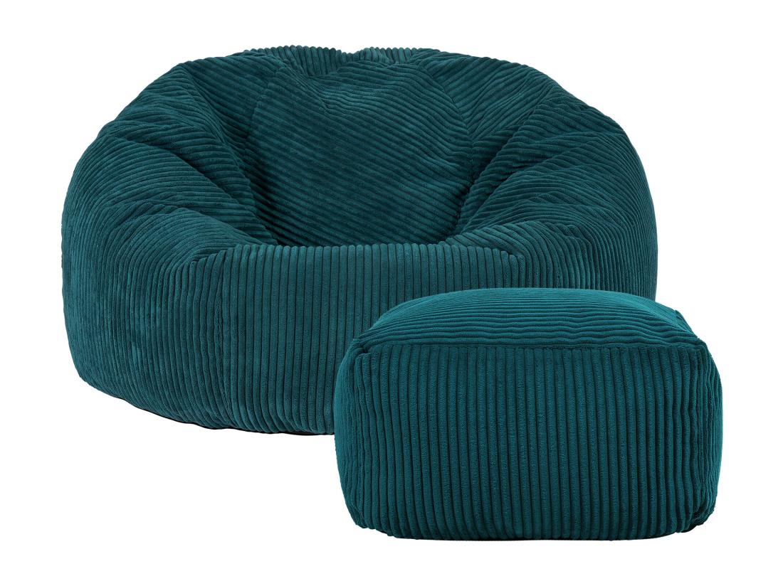 vente unique Pouf classique et son repose-pied velours côtelé bleu canard - KINGSTON