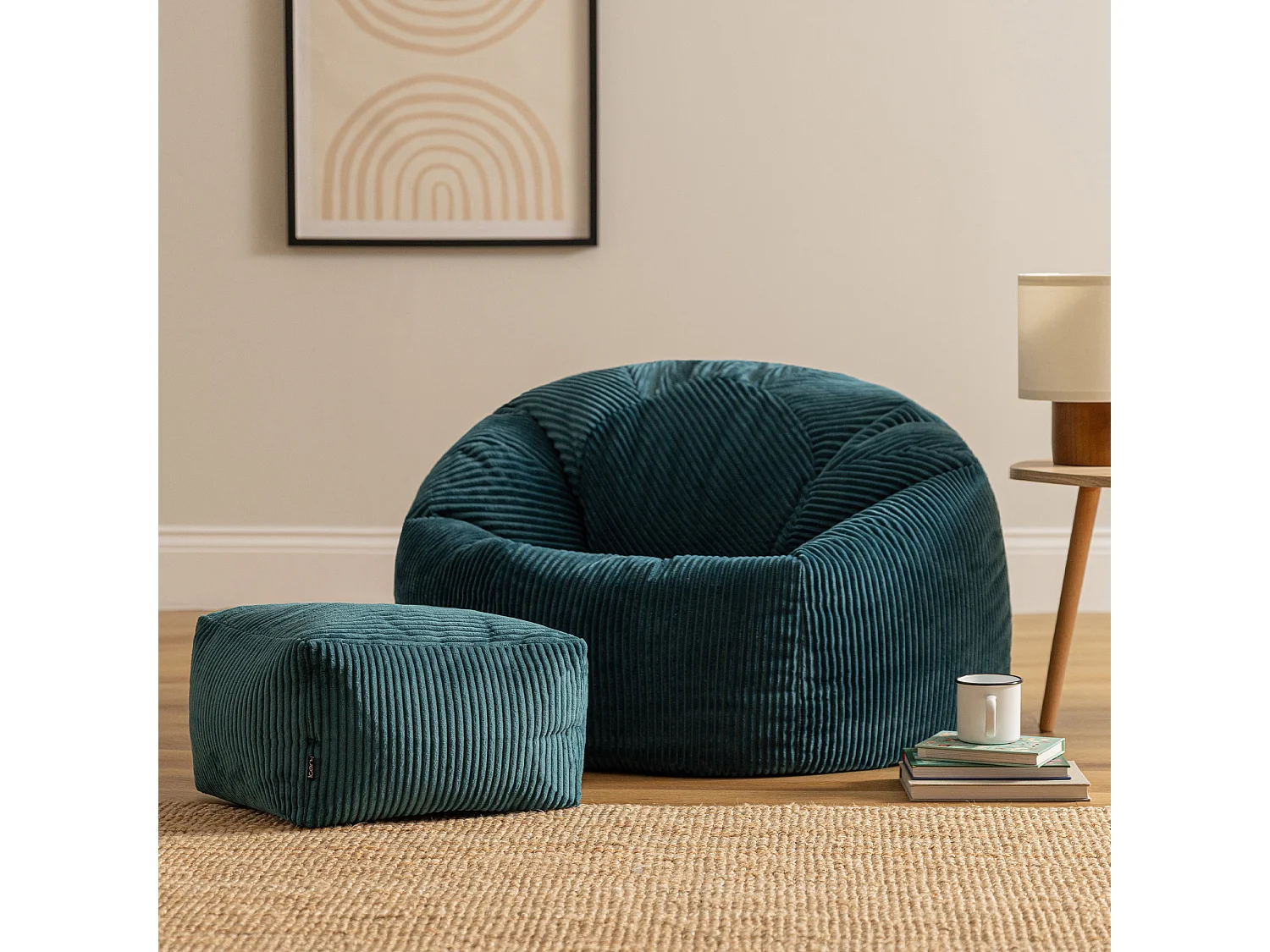 Pouf classique et son repose-pied carré velours côtelé, bleu canard, chambre et salon - KINGSTON