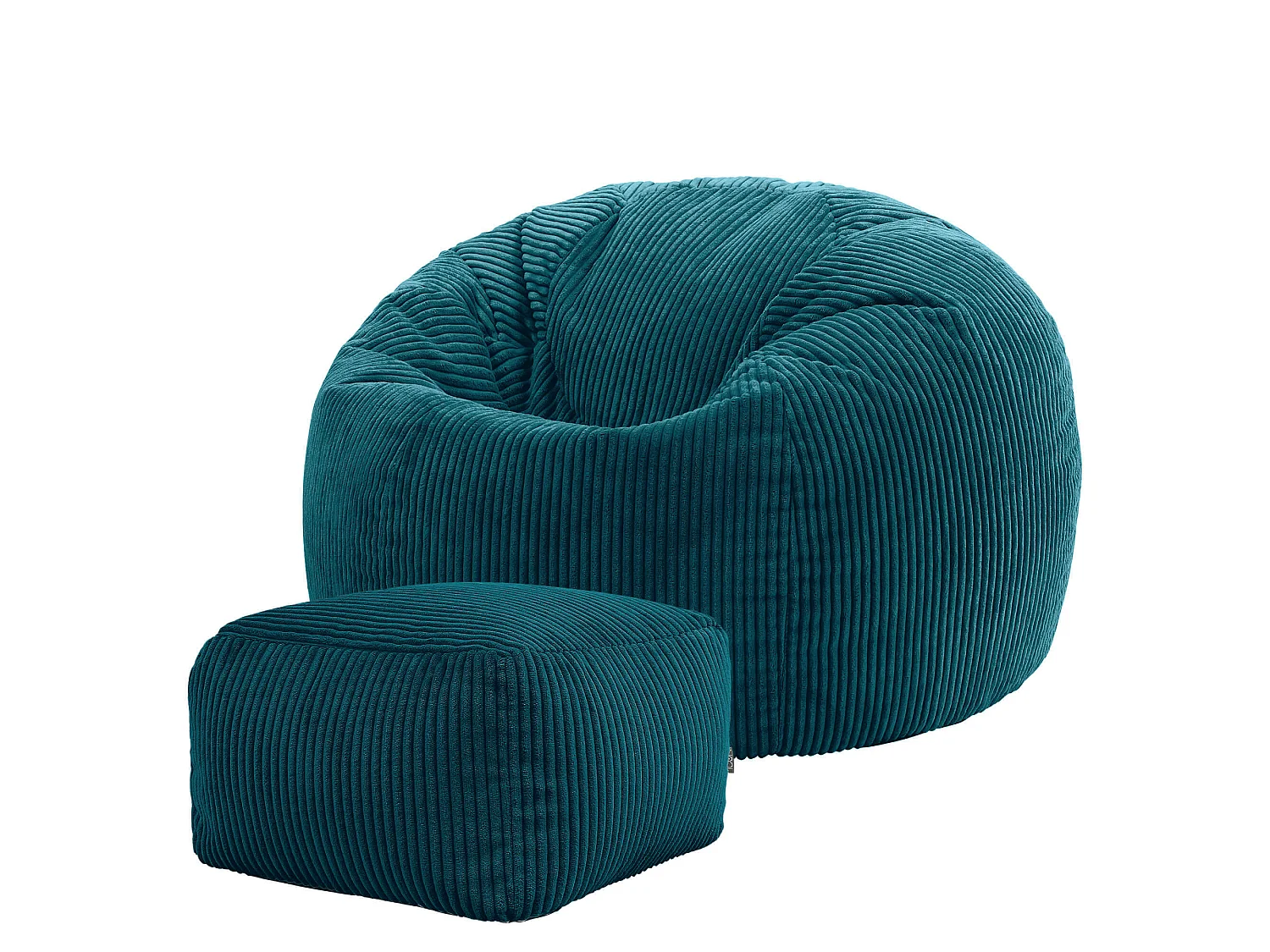 Pouf classique et son repose-pied carré velours côtelé, bleu canard, chambre et salon - KINGSTON