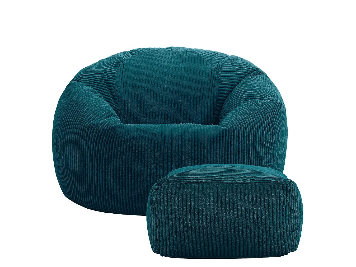 Pouf classique et son repose-pied carré velours côtelé, bleu canard, chambre et salon - KINGSTON