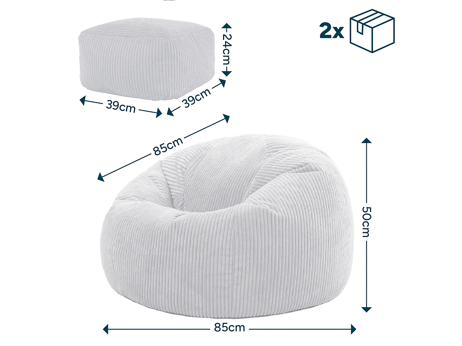 Pouf classique et son repose-pied carré velours côtelé, bleu canard, chambre et salon - KINGSTON