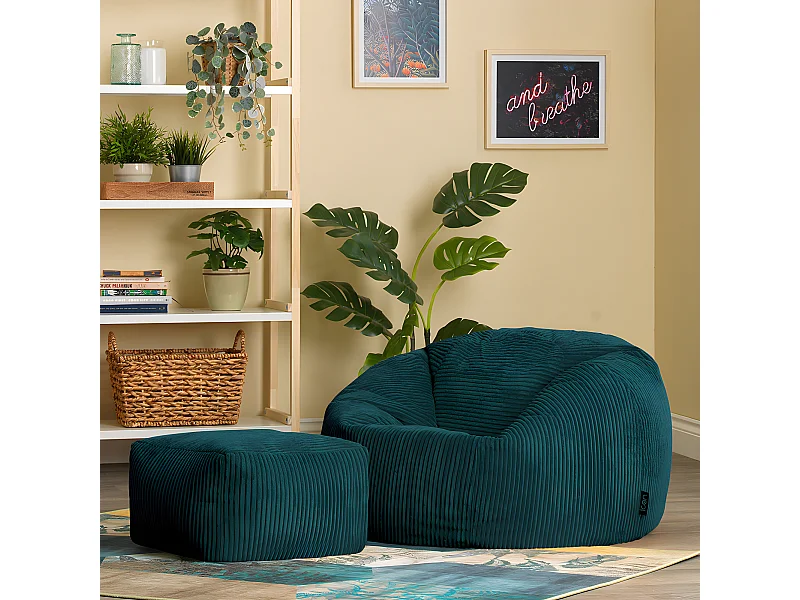 Pouf classique et son repose-pied carré velours côtelé, bleu canard, chambre et salon - KINGSTON