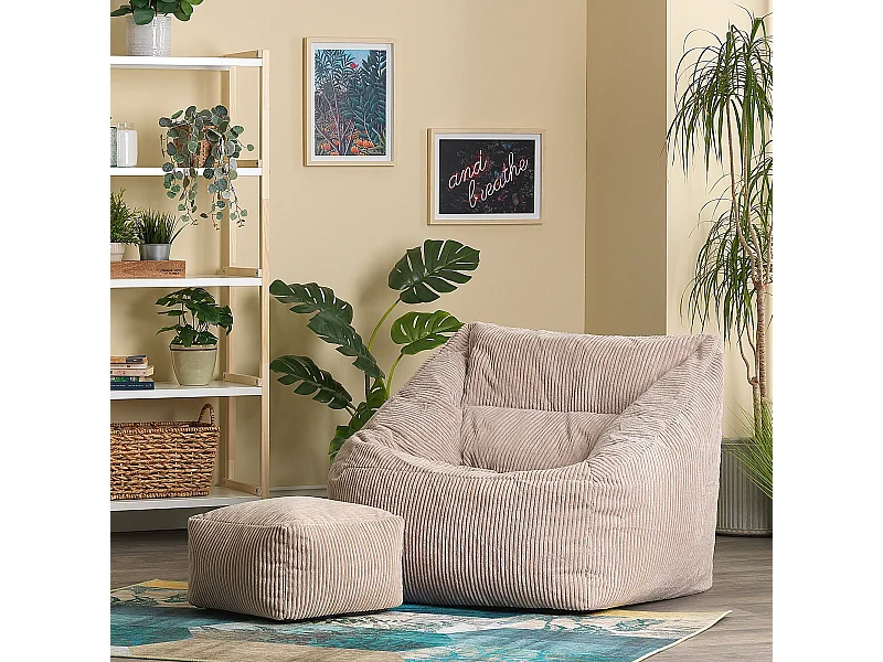 Pouf fauteuil et son repose-pieds carré velours côtelé beige - MORGAN