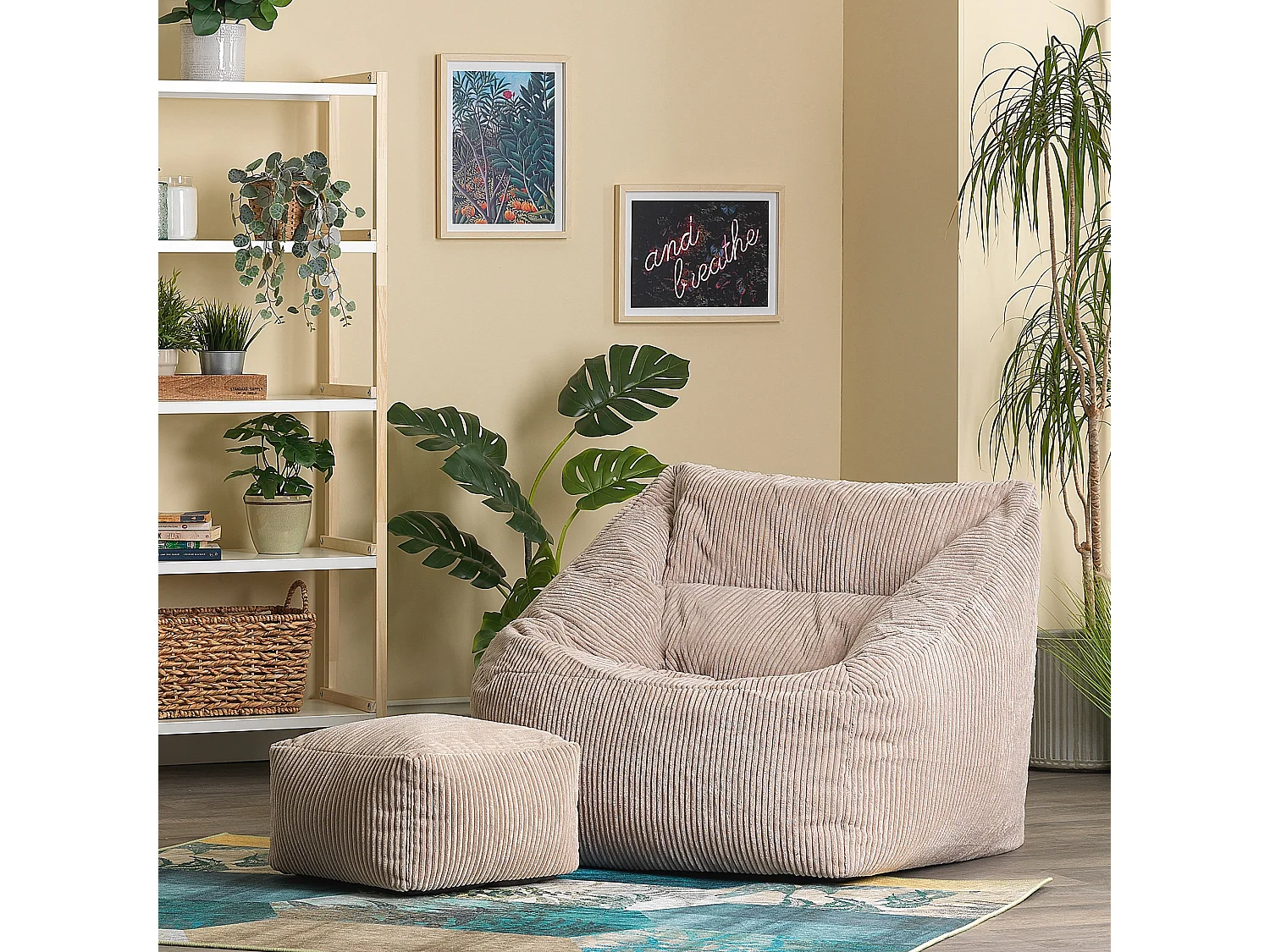 Pouf fauteuil et son repose-pieds carré velours côtelé beige - MORGAN