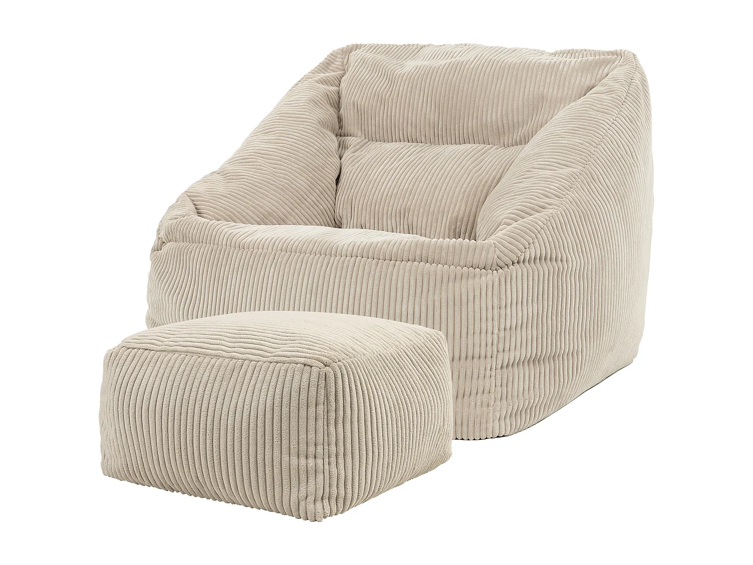 Pouf fauteuil et son repose-pieds carré velours côtelé beige - MORGAN
