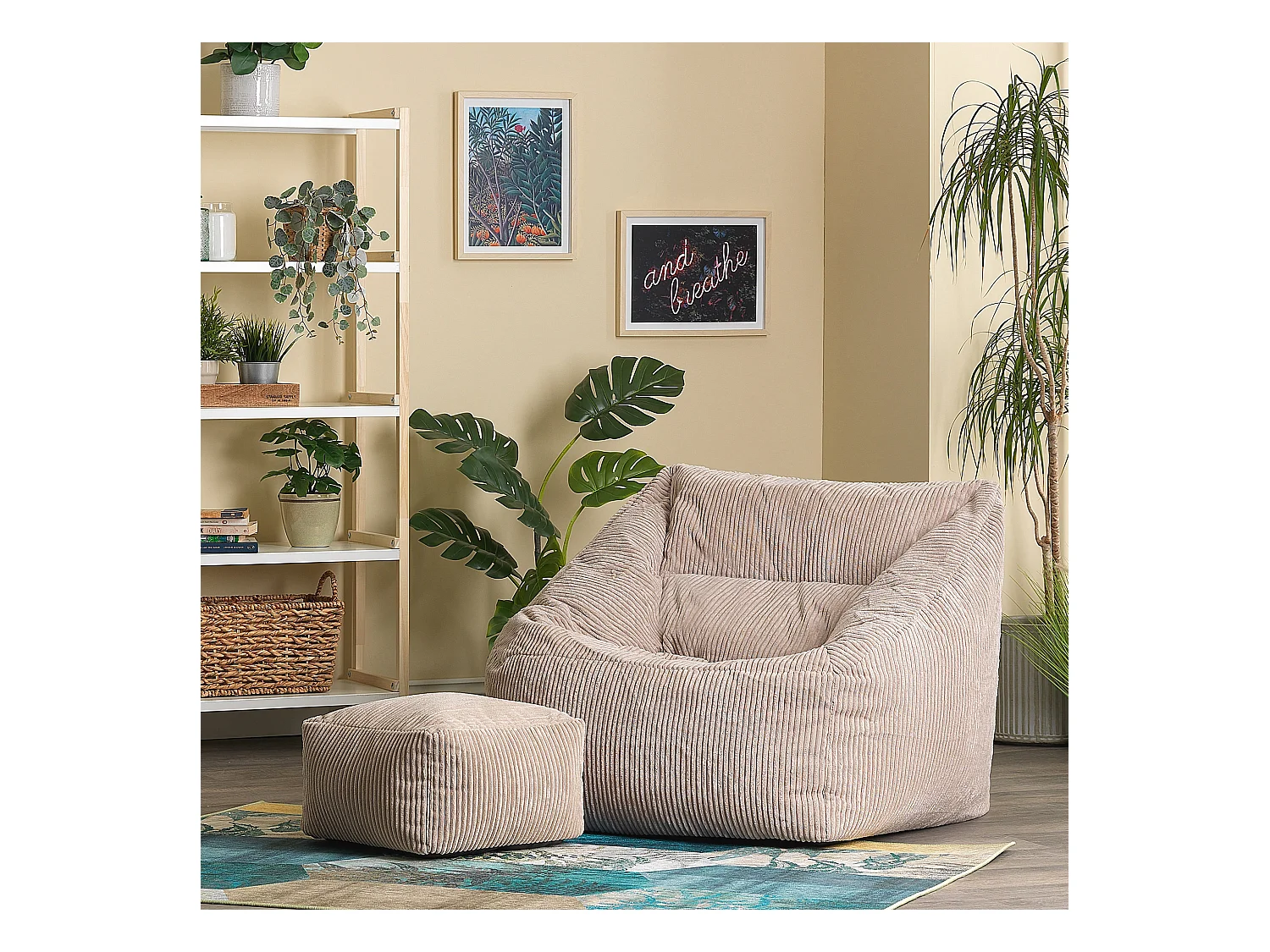 Pouf fauteuil et son repose-pieds carré velours côtelé beige - MORGAN