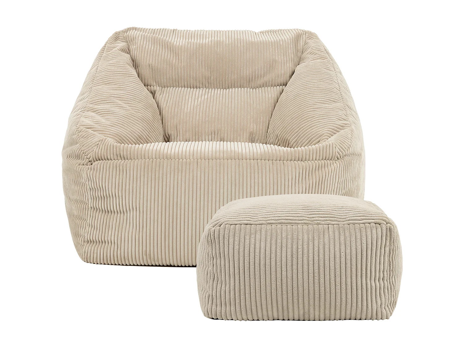Pouf fauteuil et son repose-pieds carré velours côtelé beige, salon ou chambre - NATALIA