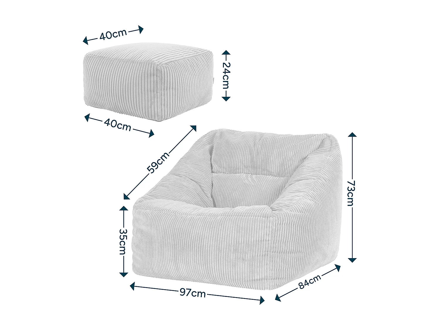 Pouf fauteuil et son repose-pieds carré velours côtelé beige, salon ou chambre - NATALIA