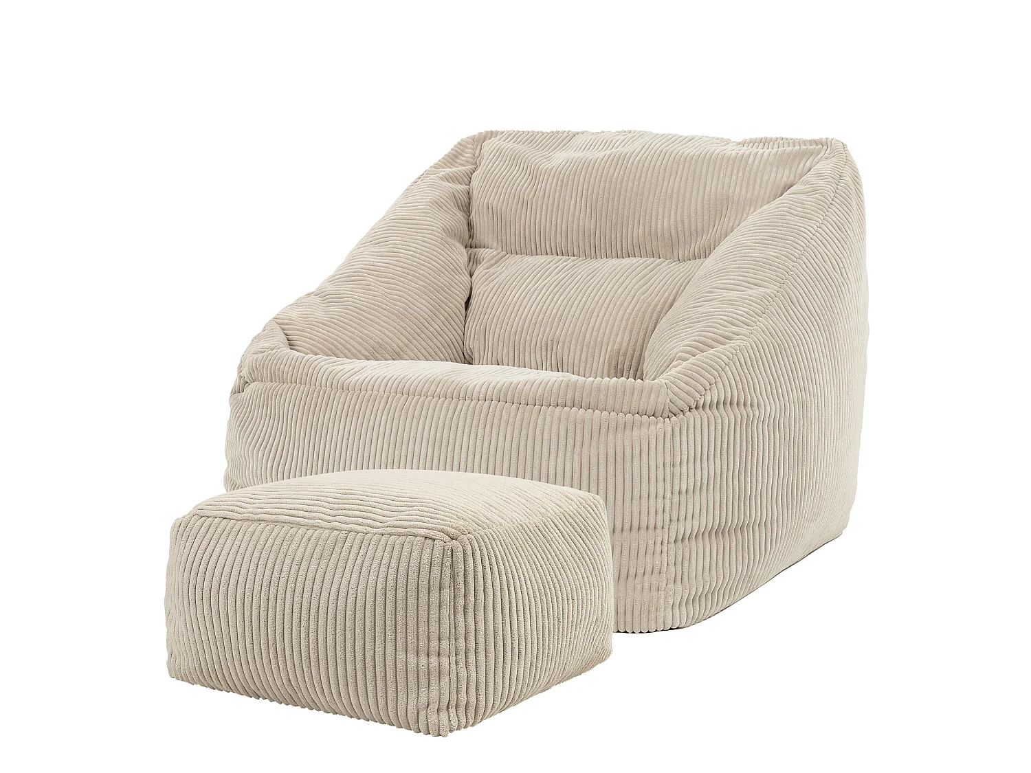 Pouf fauteuil et son repose-pieds carré velours côtelé beige, salon ou chambre - NATALIA
