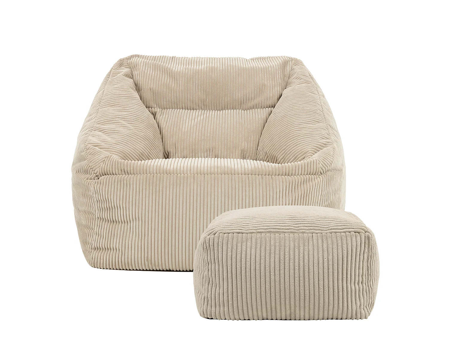 Pouf fauteuil et son repose-pieds carré velours côtelé beige, salon ou chambre - NATALIA
