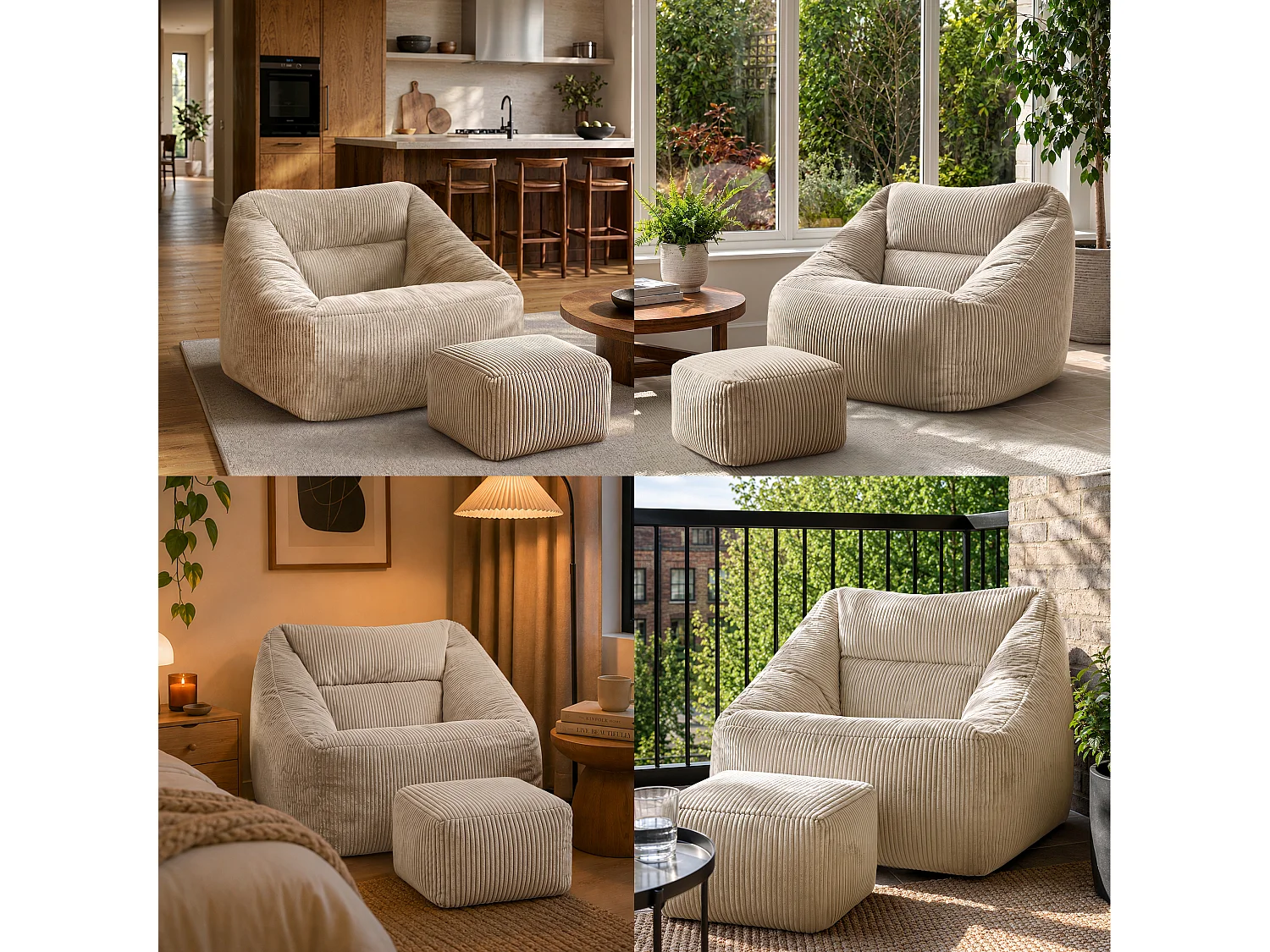 Pouf fauteuil et son repose-pieds carré velours côtelé beige, salon ou chambre - NATALIA