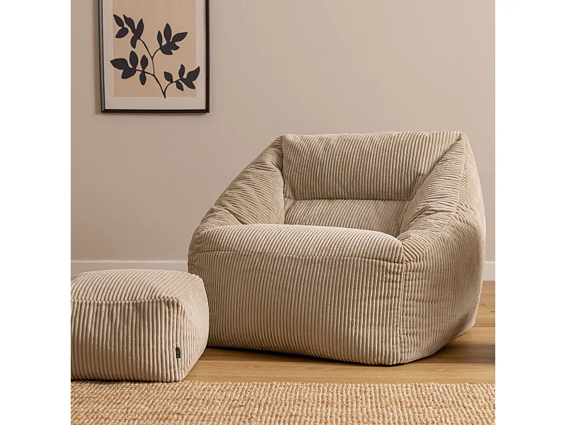 Pouf fauteuil et son repose-pieds carré velours côtelé beige, salon ou chambre - NATALIA