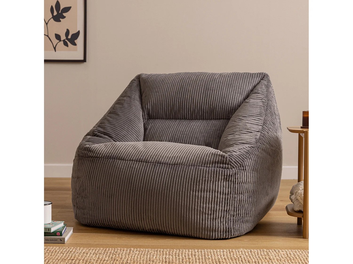 Pouf fauteuil salon ou chambre velours côtelé gris anthracite - NATALIA