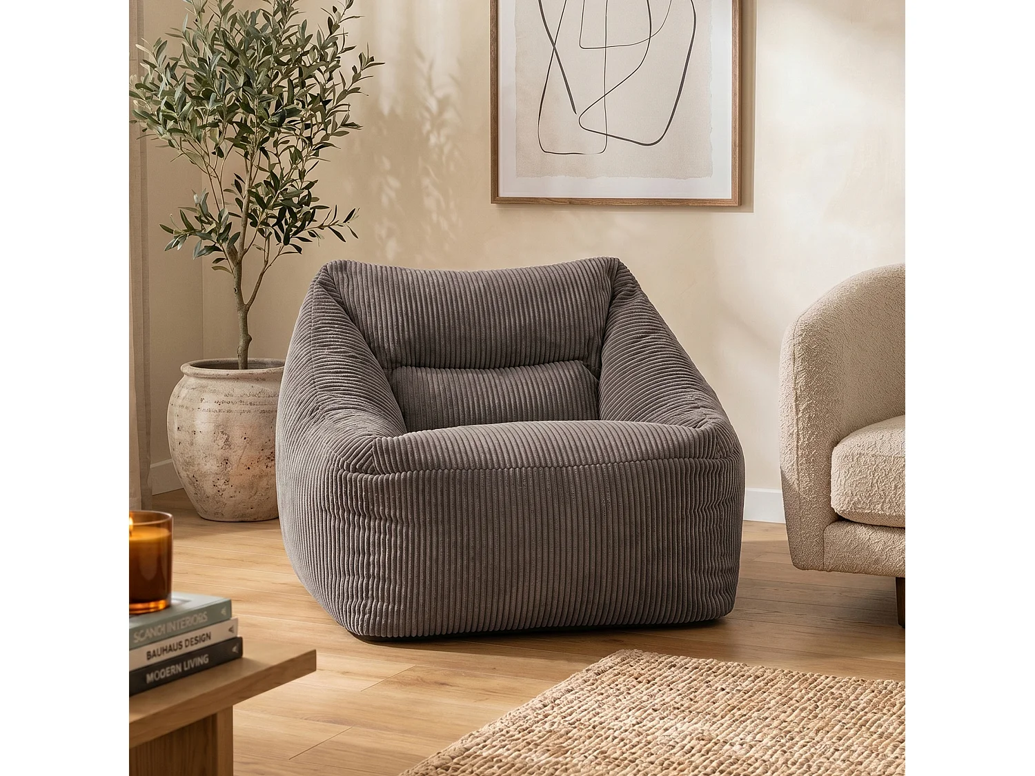 Pouf fauteuil salon ou chambre velours côtelé gris anthracite - NATALIA