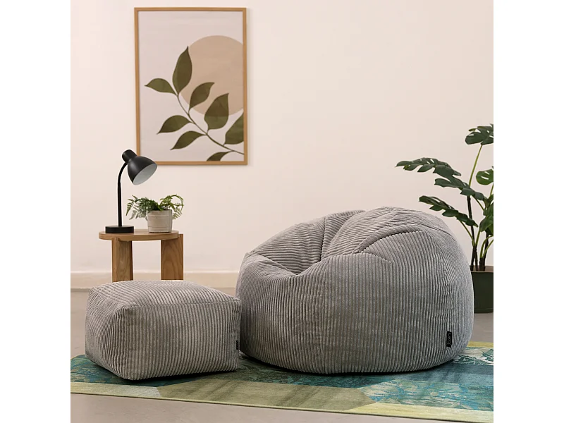 Pouf classique et son repose-pied velours côtelé, gris - KINGSTON
