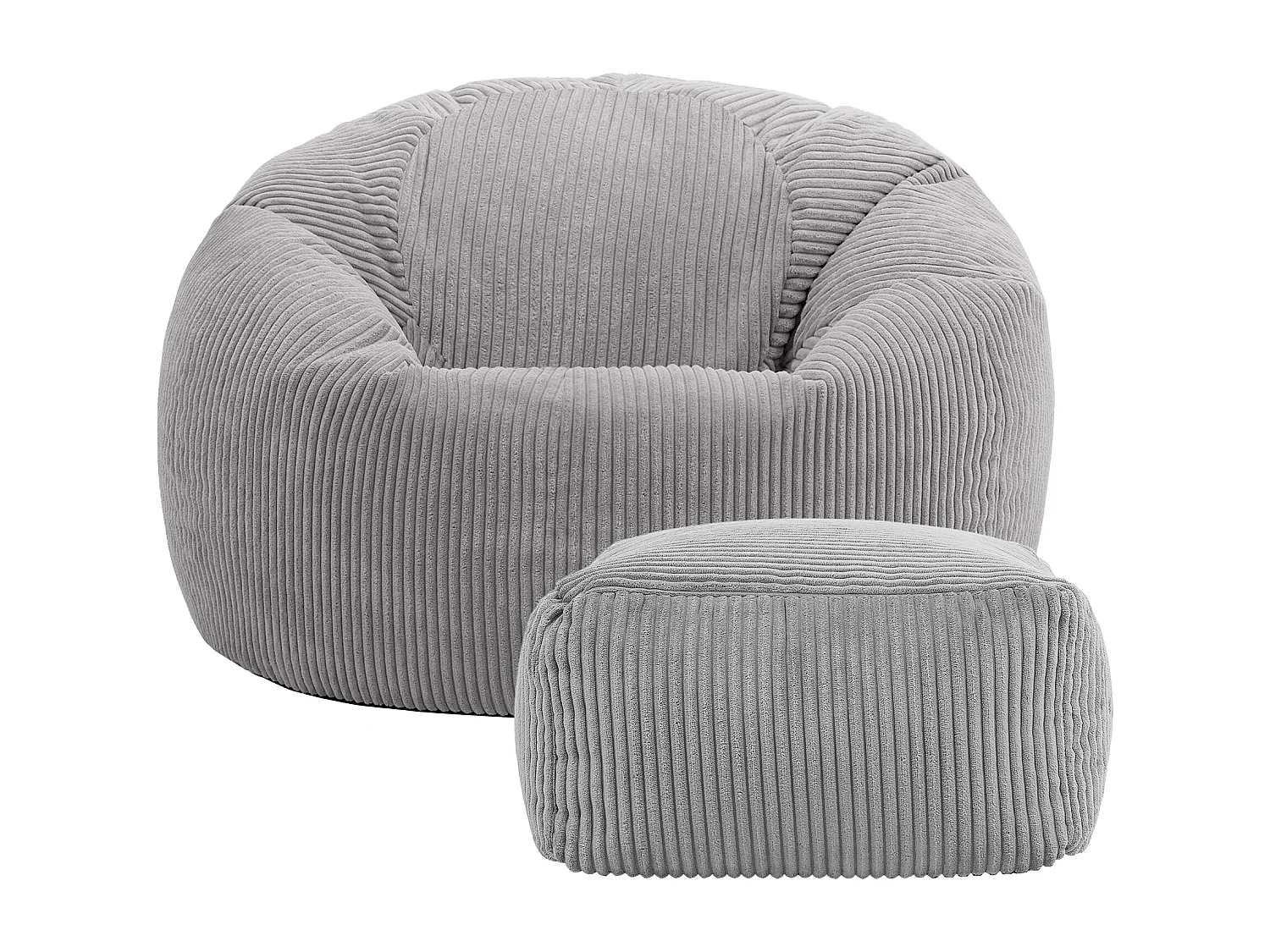 Pouf classique et son repose-pied velours côtelé, gris - KINGSTON