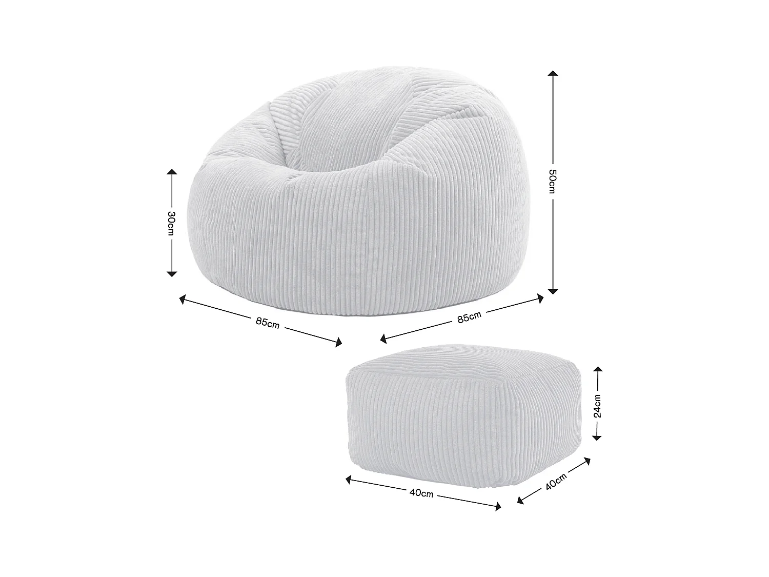 Pouf classique et son repose-pied velours côtelé, gris - KINGSTON