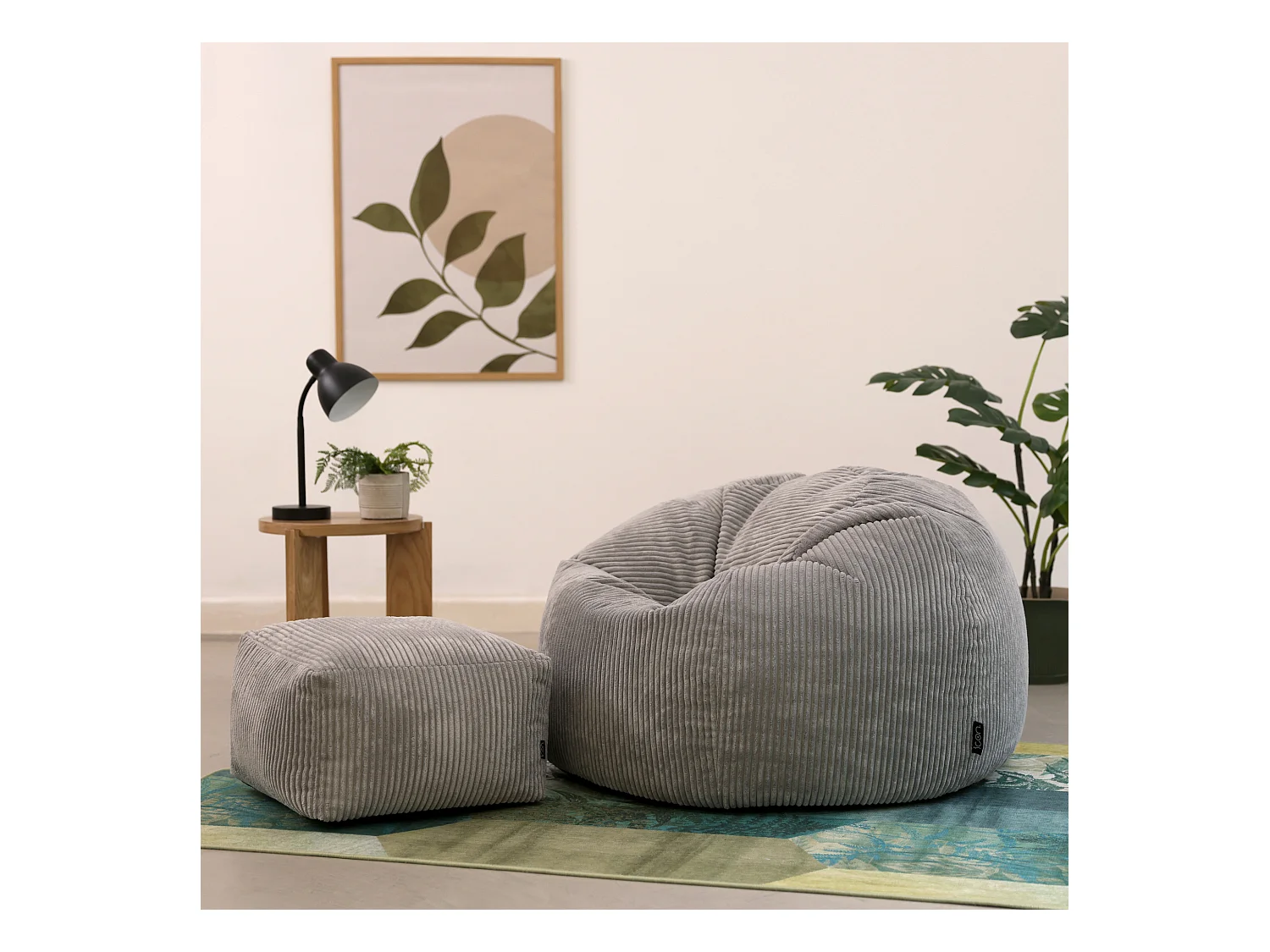 Pouf classique et son repose-pied velours côtelé, gris - KINGSTON