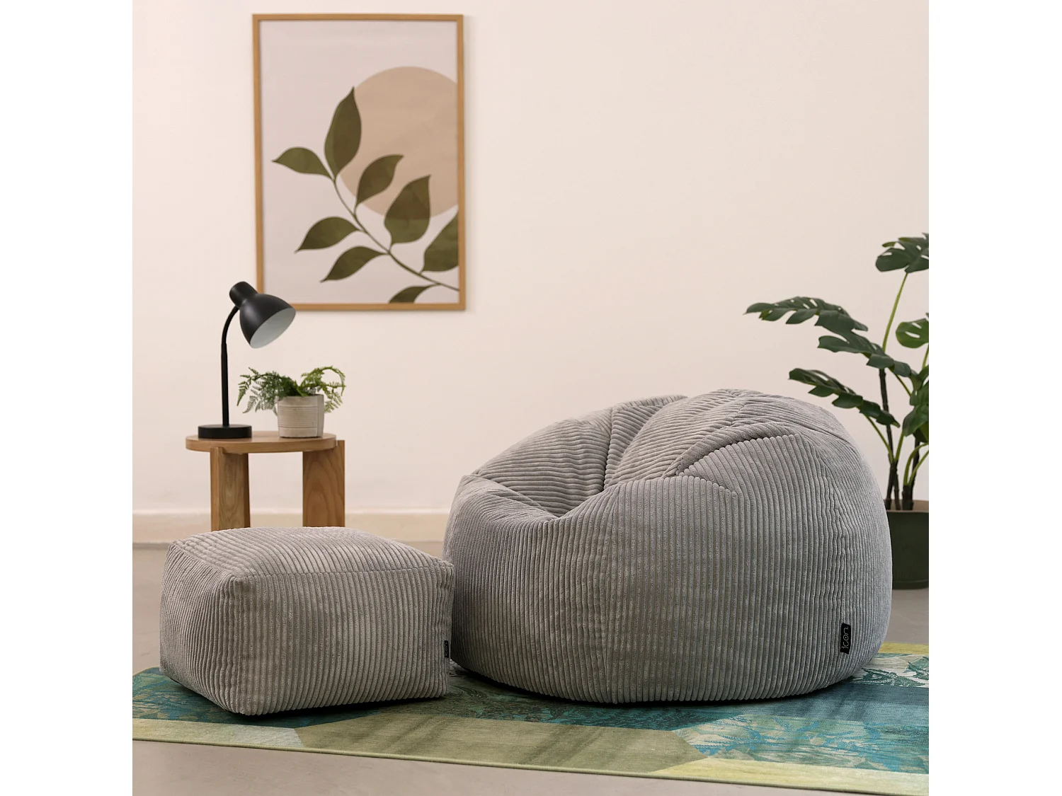 Pouf classique et son repose-pied carré velours côtelé, gris, chambre et salon - KINGSTON