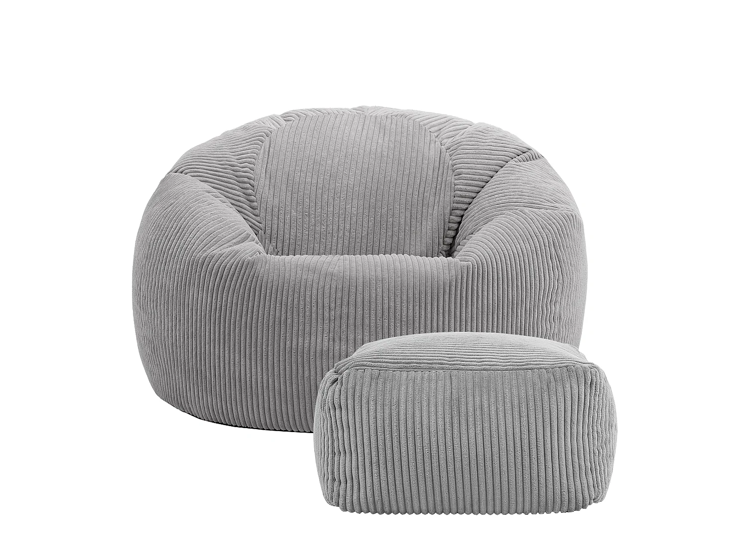 Pouf classique et son repose-pied carré velours côtelé, gris, chambre et salon - KINGSTON