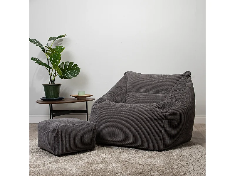 Pouf fauteuil et son repose-pieds carré velours côtelé gris anthracite - MORGAN