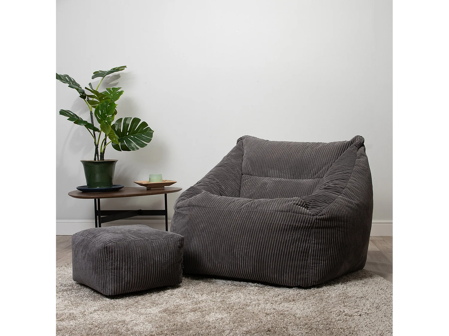 Pouf fauteuil et son repose-pieds carré velours côtelé gris anthracite - MORGAN
