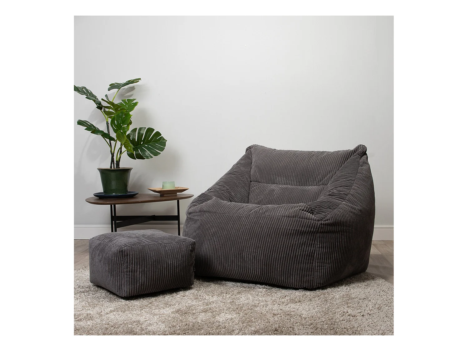 Pouf fauteuil et son repose-pieds carré velours côtelé gris anthracite - MORGAN
