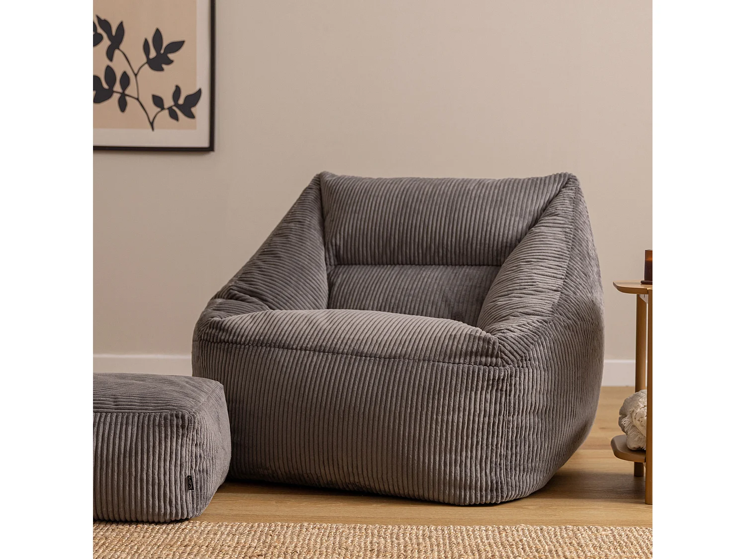 Pouf fauteuil et son repose-pieds carré velours côtelé gris anthracite, salon ou chambre - NATALIA