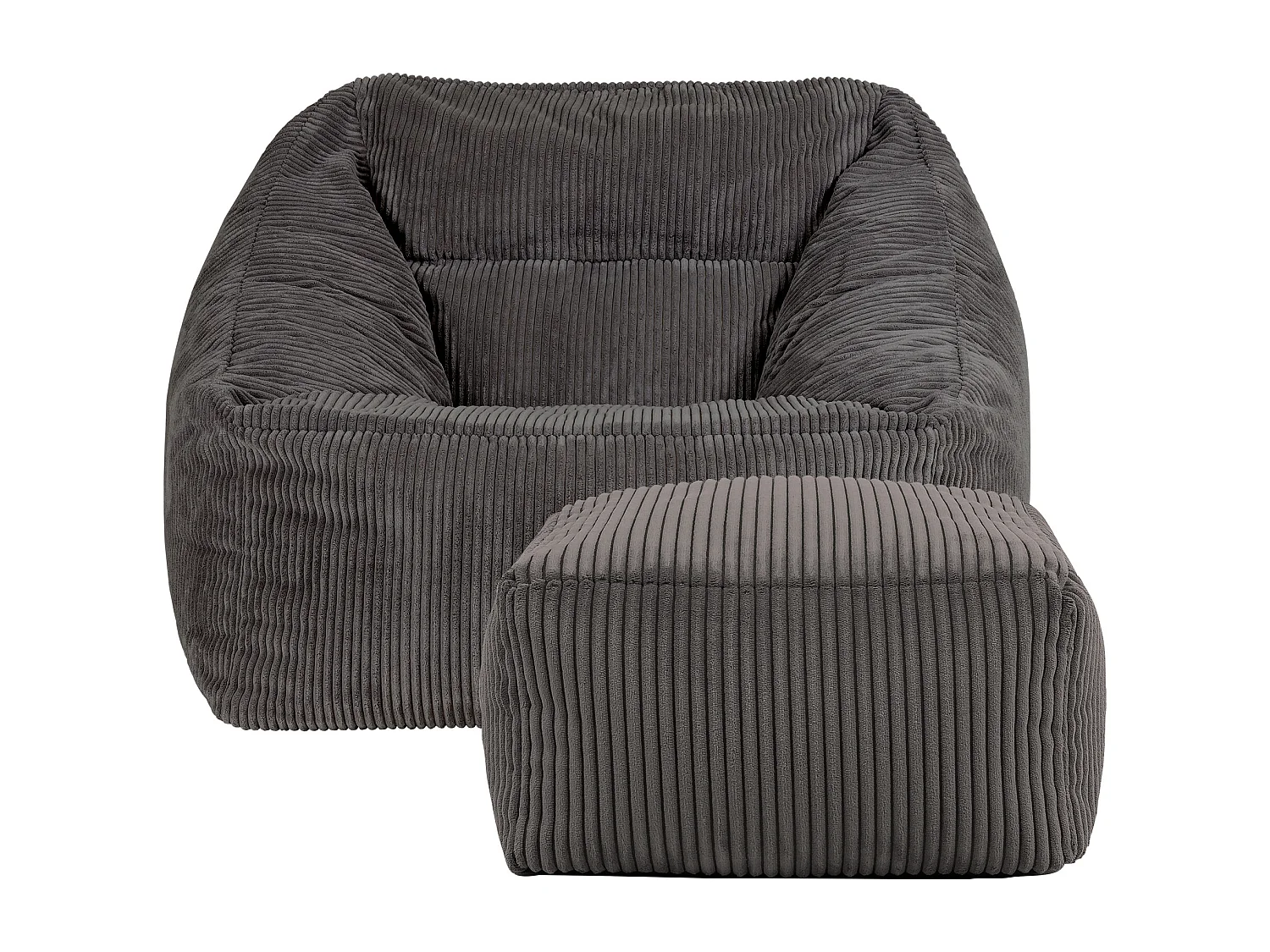 Pouf fauteuil et son repose-pieds carré velours côtelé gris anthracite, salon ou chambre - NATALIA