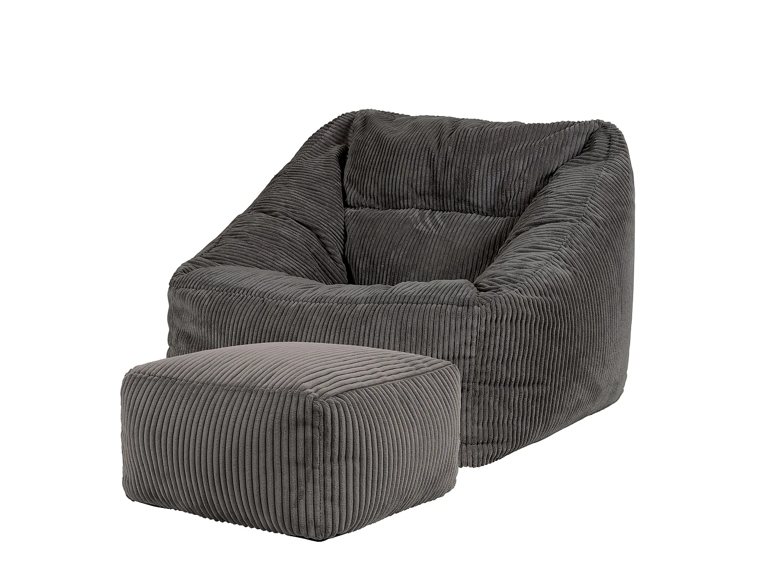 Pouf fauteuil et son repose-pieds carré velours côtelé gris anthracite, salon ou chambre - NATALIA