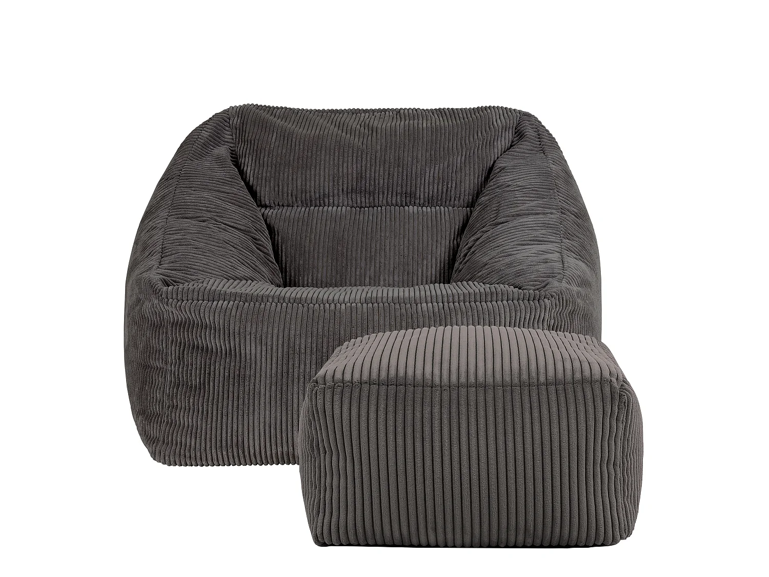 Pouf fauteuil et son repose-pieds carré velours côtelé gris anthracite, salon ou chambre - NATALIA