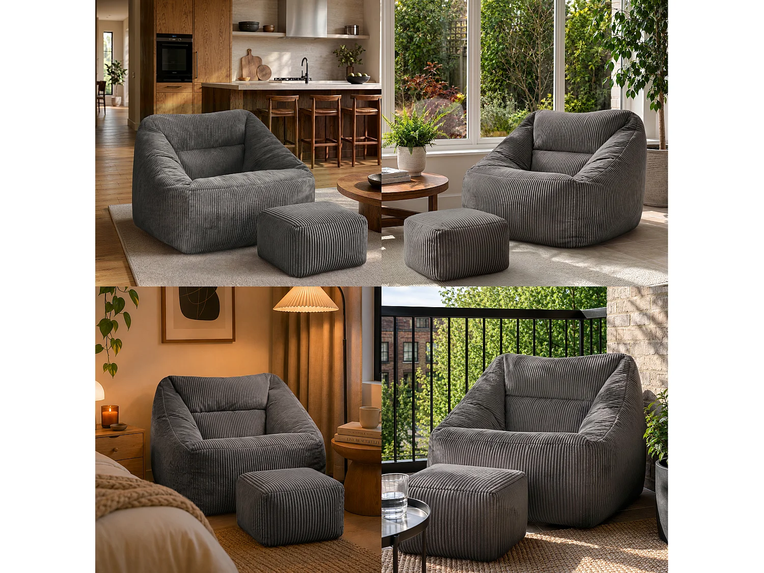 Pouf fauteuil et son repose-pieds carré velours côtelé gris anthracite, salon ou chambre - NATALIA