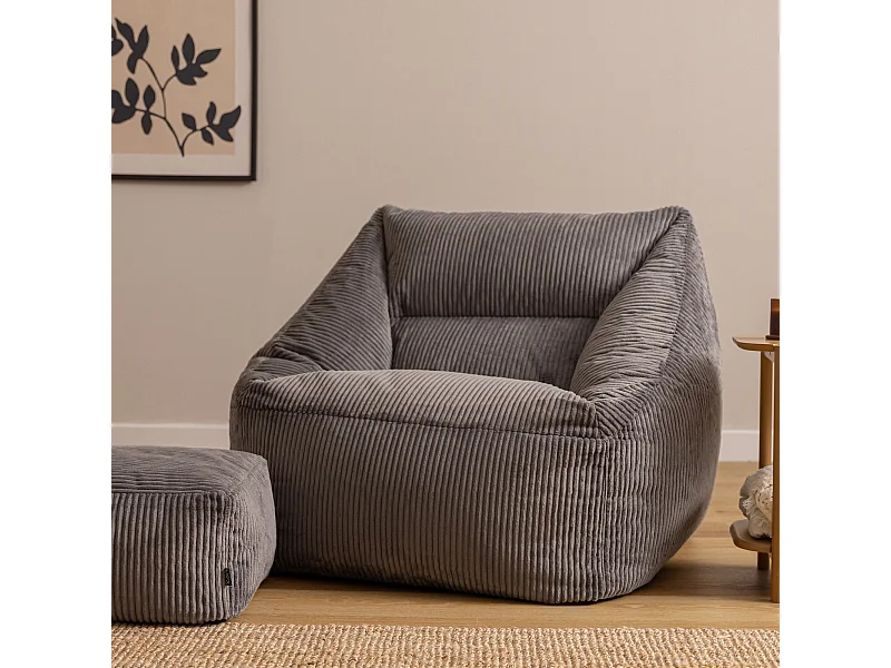 Pouf fauteuil et son repose-pieds carré velours côtelé gris anthracite, salon ou chambre - NATALIA