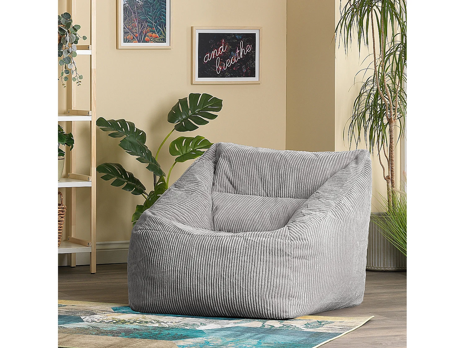 Pouf fauteuil velours côtelé gris - MORGAN