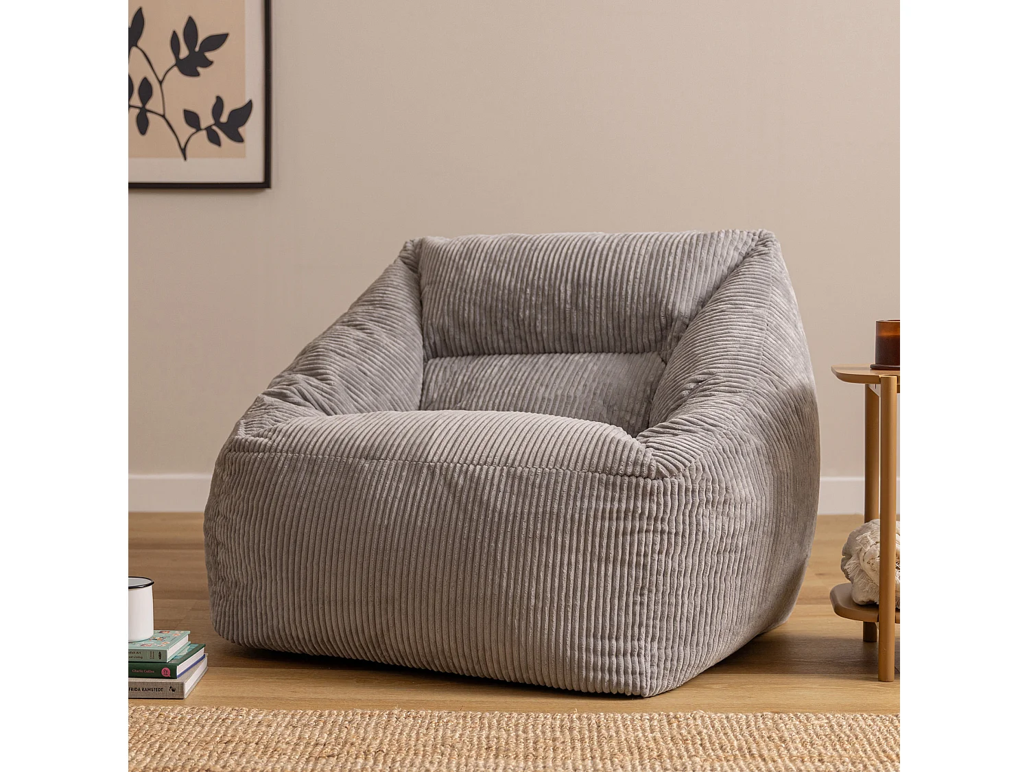 Pouf fauteuil salon ou chambre velours côtelé gris - NATALIA