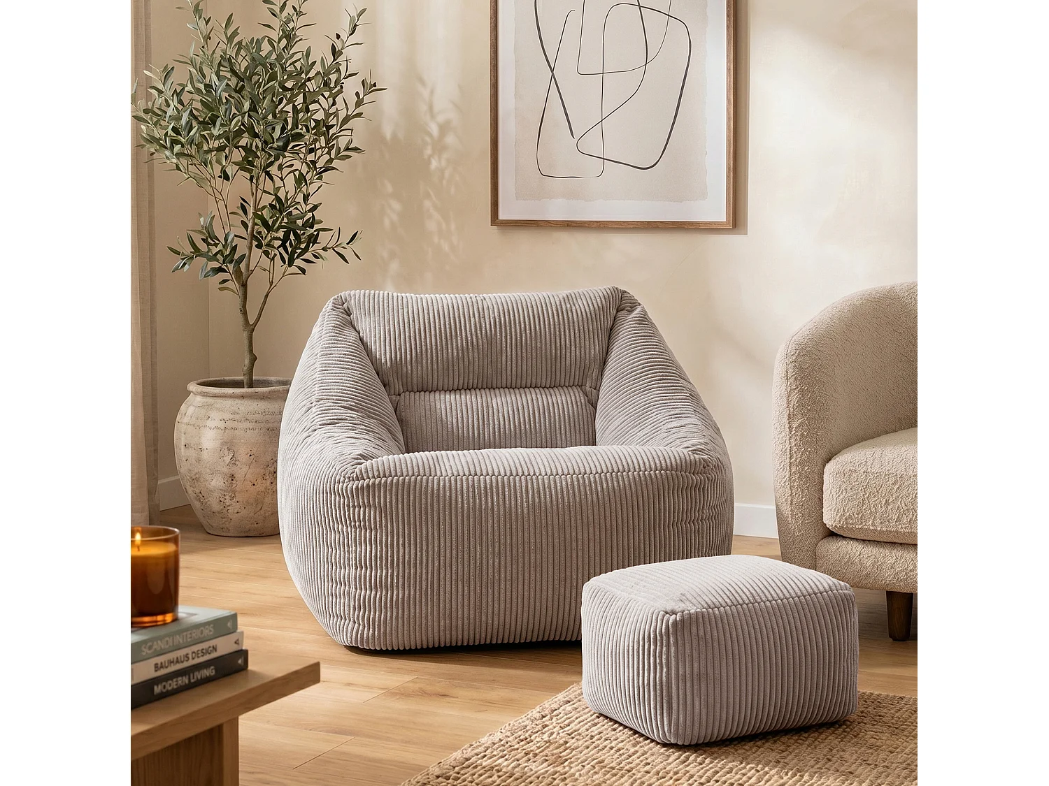 Pouf fauteuil salon ou chambre velours côtelé gris - NATALIA