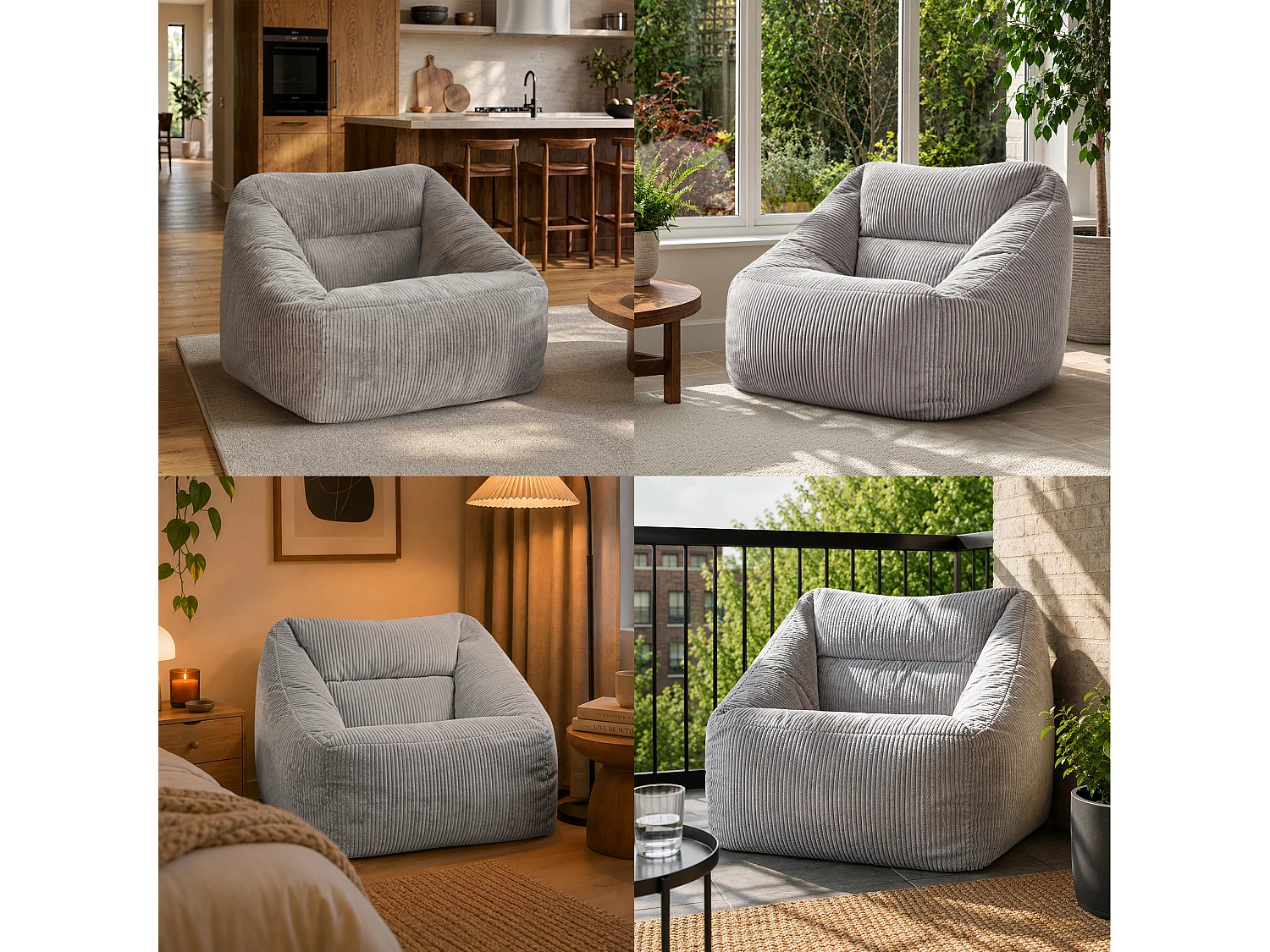 Pouf fauteuil salon ou chambre velours côtelé gris - NATALIA