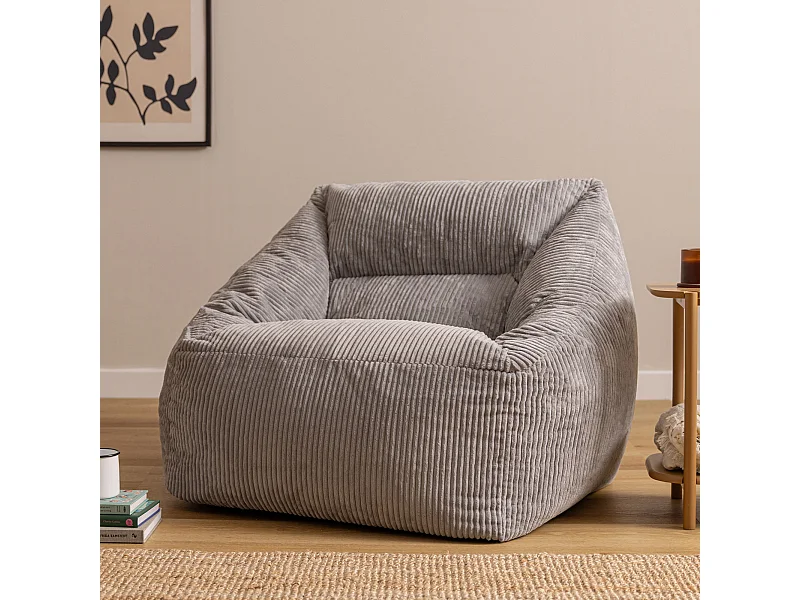 Pouf fauteuil salon ou chambre velours côtelé gris - NATALIA