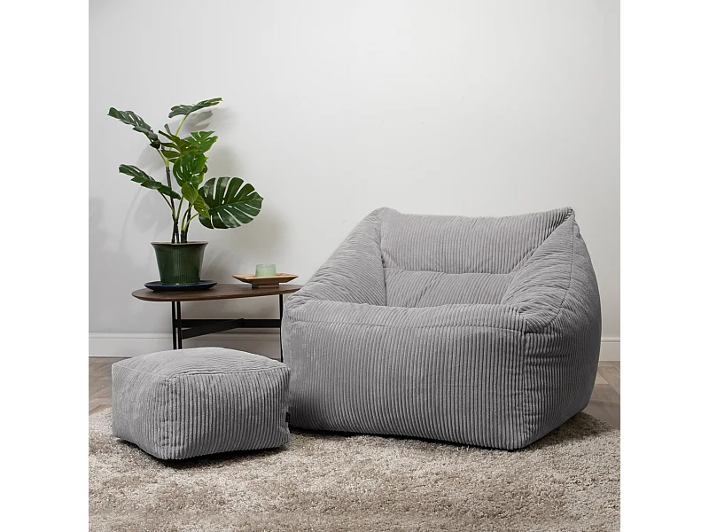 Pouf fauteuil et son repose-pieds carré velours côtelé gris - MORGAN