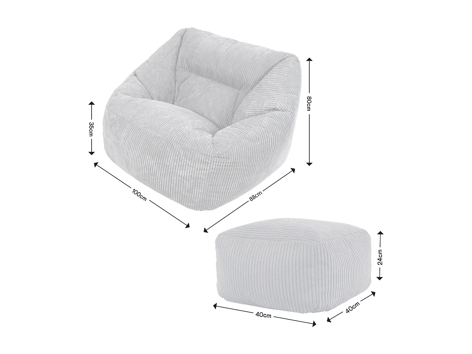 Pouf fauteuil et son repose-pieds carré velours côtelé gris - MORGAN