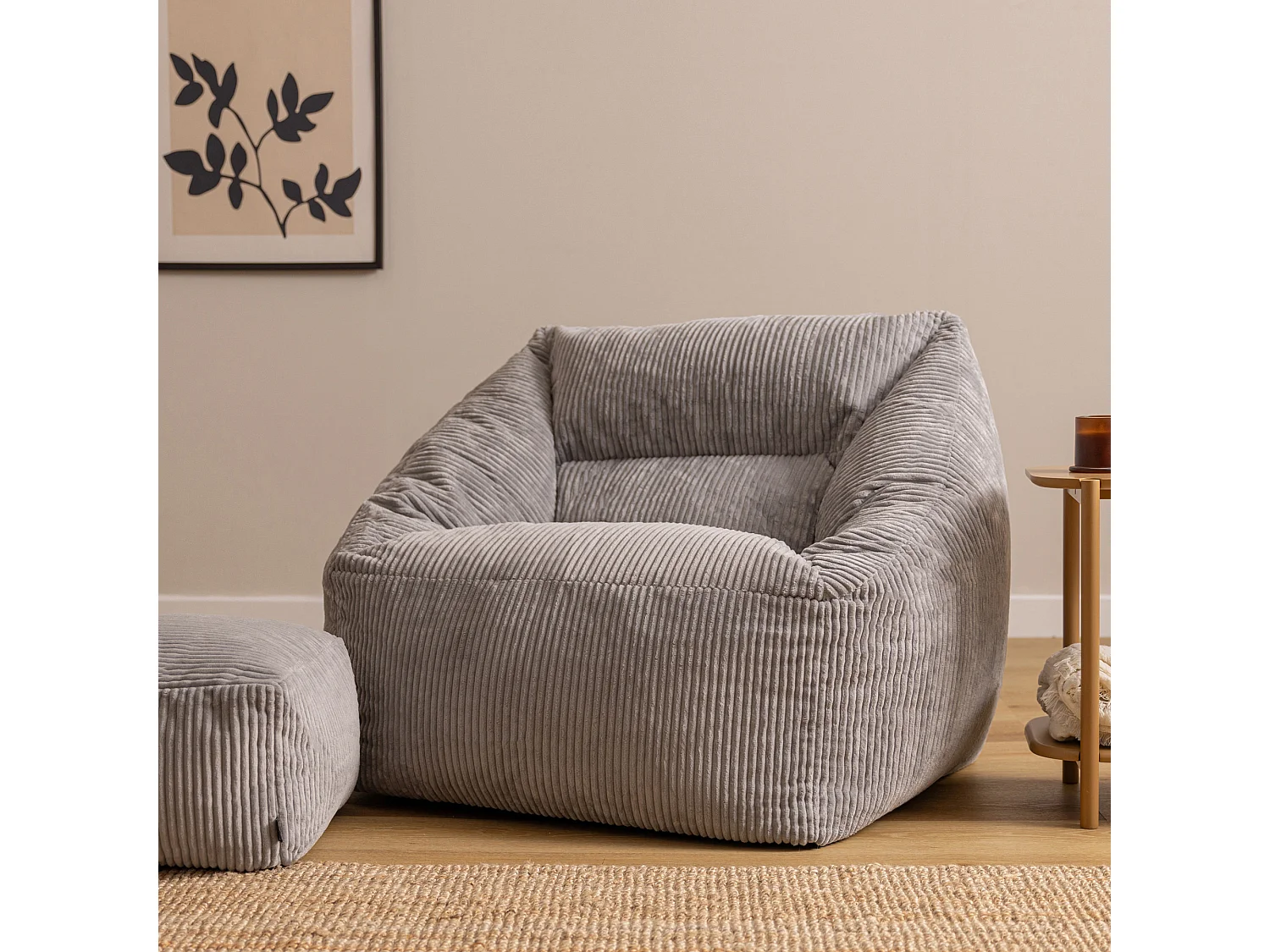Pouf fauteuil et son repose-pieds carré velours côtelé gris, salon ou chambre - NATALIA